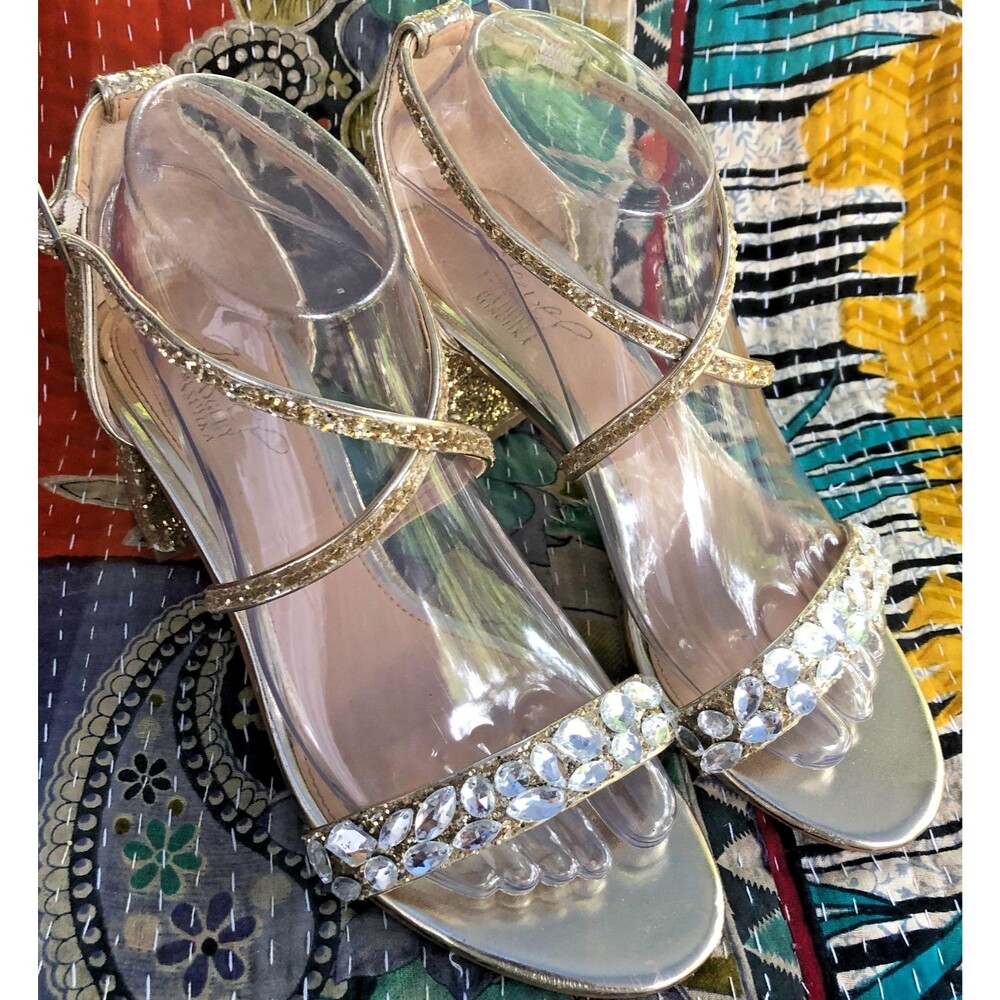 Jewel Badgley Mischka Gold Rhinestone Crossover Heels Sandals Sz 7 Wedding